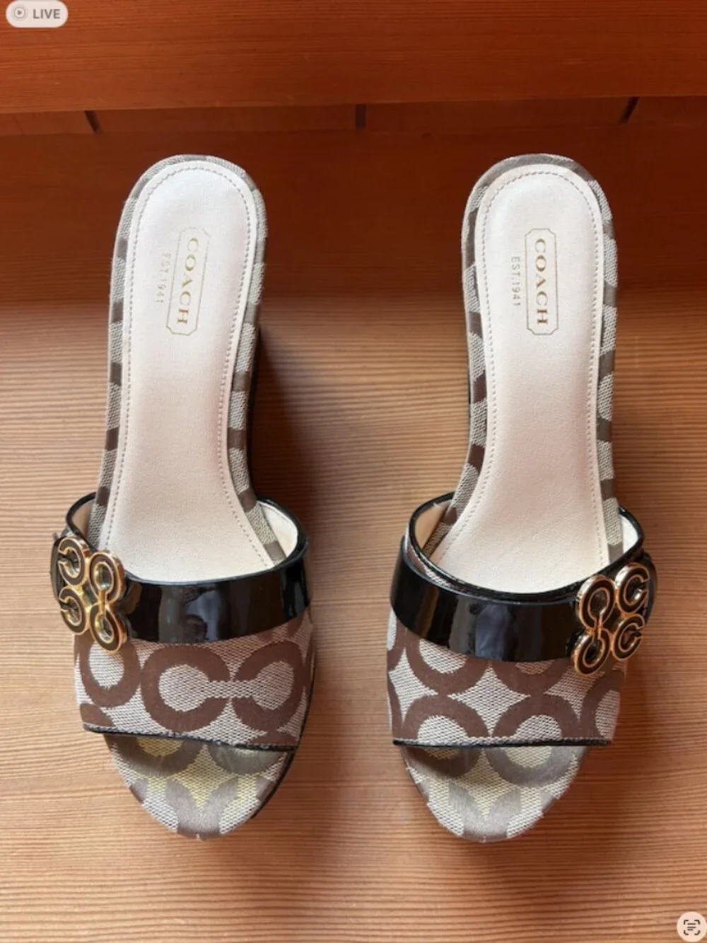 Coach brown signature canvas platform wedge sandals, size 7B